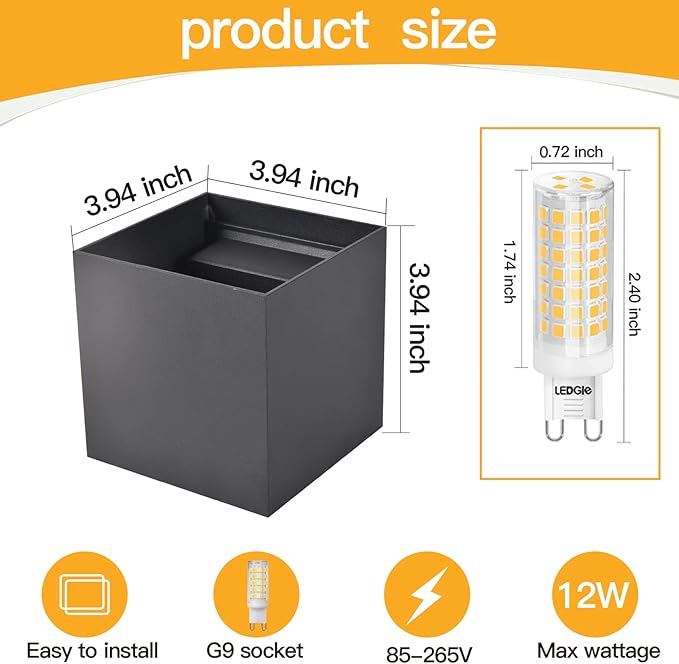 2 Pcs Outdoor Wall Lights Exterior/Interior G9 Wall Sconces Up and Down Lights IP65 Waterproof Outdoor Lighting Square Aluminum Black 4000K Natural Lights Replaceable bulb, Adjustable Light Angle