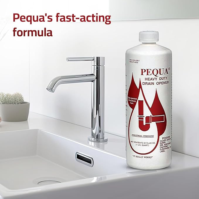 PEQUA INDUSTRIES Pequa Heavy Duty Drain Opener, Non-Acid, Fast-Acting Formula, Industrial strength Drain Cleaner for Sinks, Tubs, Septic Tanks - 32 Oz (Pack of 4)