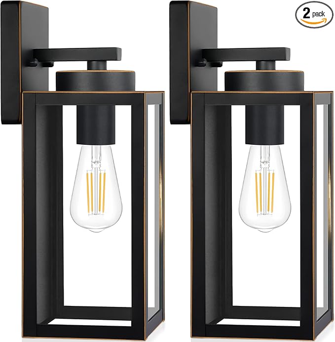 Outdoor Wall Light Fixtures, Exterior Waterproof Wall Lanterns, Bronze Porch Sconces Wall Mounted Lighting with E26 Sockets & Glass Shades, Modern Wall Lamps for Patio Front Door Entryway, 2-Pack