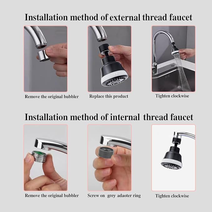 Faucet Aerator Faucet Sprayer Attachment, Kitchen Faucet Head Replacement with 4 Spray Modes, 360° Swivel Faucet Extender Anti-Splash Sink Sprayer Faucet Nozzle Head (Diamond, Black)