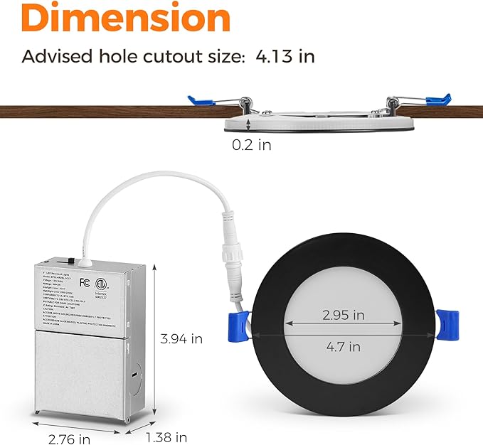24 Pack 4 Inch Led Recessed Lights with Night Light, Canless Ultra Thin Wafer Soffit Recessed Lighting Downlight, Dimmable & 5 Color Temperature Selectable, 9W, ETL, Black