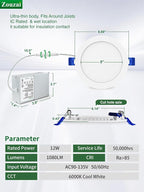 zouzai 24 Pack 6 Inch Ultra-Thin LED Recessed Ceiling Light with Junction Box, 6000K Clear White, 12W 110W Eqv, Dimmable Downlight, 1080LM High Brightness - ETL Certified