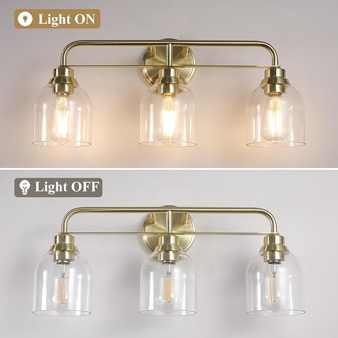 3 Light Gold Vanity Lights for Bathroom, Bathroom Light Fixtures Over Mirror with Clear Glass Shade, Ceramic E26 Sockets Wall Mounted