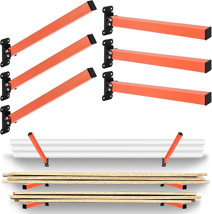 lumber storage rack, Heavy Duty Metal Lumber Storage Rack with Multi Angle Adjustment and 3-Level Wall Mount for Garage Shop Indoor Outdoor, Orange (2 PACK)