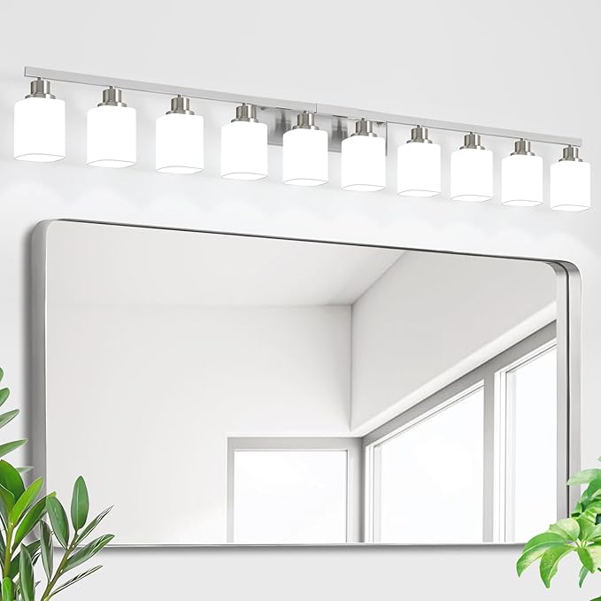 10-Light Bathroom Vanity Light Brushed Nickel,64.5in Vanity Lights with Square Frosted Glass,Modern Bathroom Wall Lights Fixtures Over Mirror,Wall Sconces Lighting for Bedroom Living Room,E26