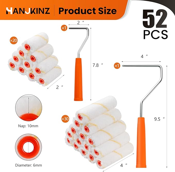 50 Pack Microfiber Paint Roller, 2 Inch and 4 Inch Small Paint Roller Covers, 3/8 Inch Nap, Mini Paint Rollers for House Painting with Paint Roller Frame, Wall Painting Tool