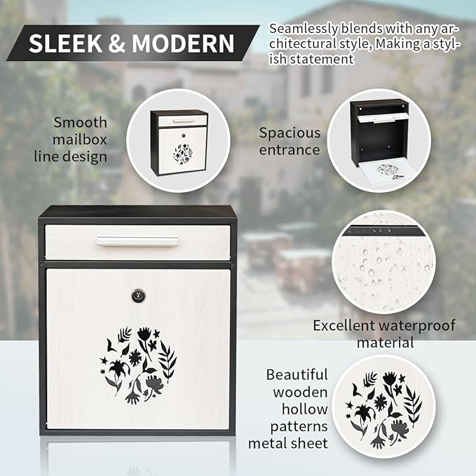 Wall Mount Mailbox, Large Capacity Mailbox for House Outside Galvanized Steel Rust-Proof Metal Post Drop Box, 12"×10.5"×4.7" Flower Hollowed Wooden Patterned Metal Sheet White