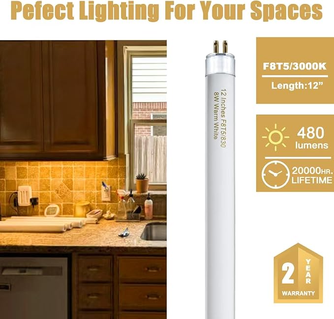 8 Pack F8T5/WW Fluorescent Bulbs Warm White, 12 inch Under Cabinet Light Bulb, T5 8 Watt Fluorescent Tube Soft White, G5 Mini Bi 460 Lumens No Dimmable