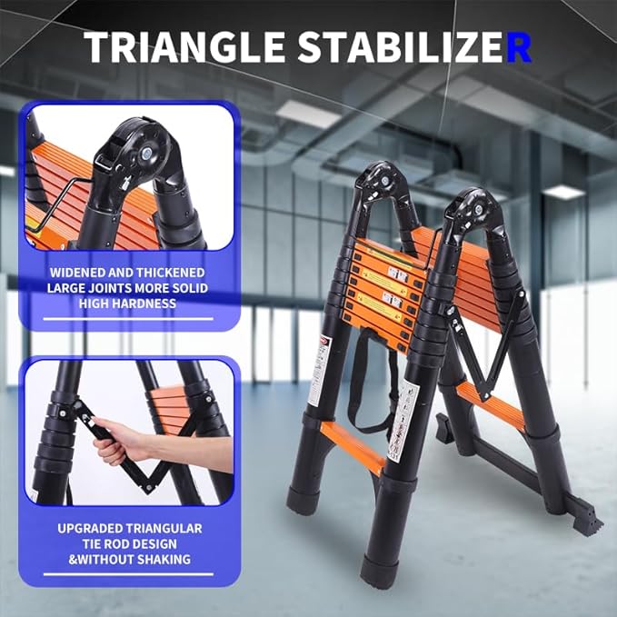 JADDUO Telescoping Ladder A Frame,18.5 Ft Compact Aluminum Extension Ladder,Portable Telescopic RV Ladder for Outdoor Camper Trips Motorhome with Tool Platform and Stabilizer Bar 330 lbs, Black Orange