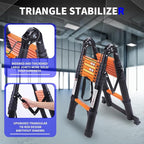 JADDUO Telescoping Ladder A Frame,12.5 Ft Compact Aluminum Extension Ladder,Portable Telescopic RV Ladder for Outdoor Camper Trips Motorhome with Tool Platform and Stabilizer Bar 330 lbs, Black Orange