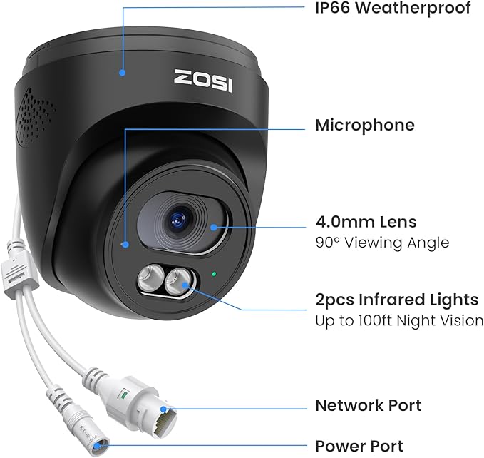 ZOSI C220 4MP 2.5K QHD Add-On PoE IP Camera Outdoor, 1440p Surveillance Outdoor Camera for PoE Security System, 100ft IR Night Vision, AI Human Detection, Two-Way Audio, Only Work with Our NVR