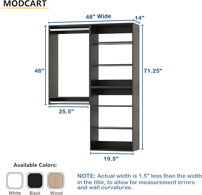 Modular Closet System, 46" Wide Closet Organizer System with Towers and Hanging, Wood Closet Tower Storage for Walk In Closets, Wall Mounted Wardrobe Organizer Kit System, Bedroom, Black