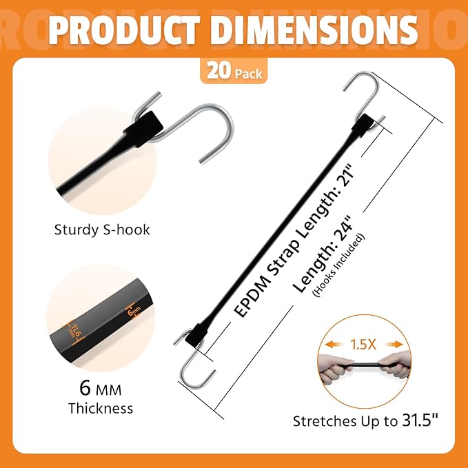 21" Rubber Bungee Cords with Hooks, 100% EPDM Bungee Cord with 150% Max Stretch, Heavy Duty Bungee Straps for Securing Tarps, Canvases, Cargo, Motorcycle, Weatherproof, Pack of 20