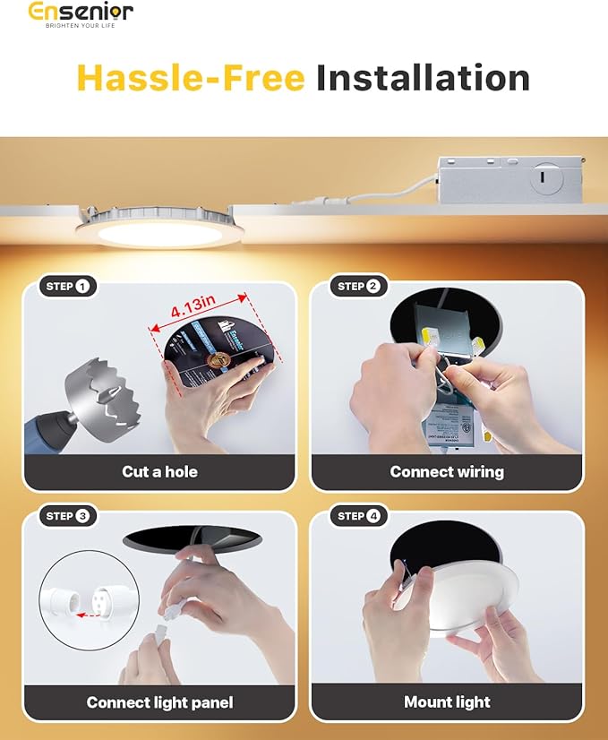 Ensenior 16 Pack 4 Inch LED Recessed Ceiling Light, Dimmable, 3000K-5000K 3CCT, 750LM 9W 120V, High Brightness Canless Wafer Downlight - ETL&FCC&IC