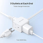 TROND Split Extension Cord Power Strip, Twin 6ft on Each Side, Low-Profile Flat Plug, Dual 3 Grounded Outlet Extender Cubes, 13 Amps, 16 Gauge Wire, for Behind TV Stand Sofa Headboard, Indoor, White