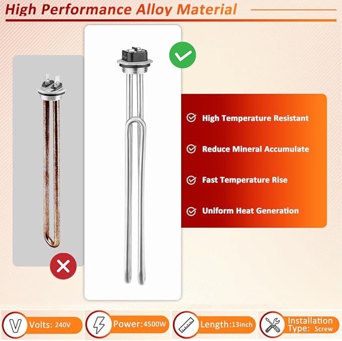 Mornajina 2 Packs 02582 Electric Water Heater Elements 4500W 240V, Hot Water Heater Replacement Parts Screw-in RV Hot Water Heater Fit Most Models, Foldback Type