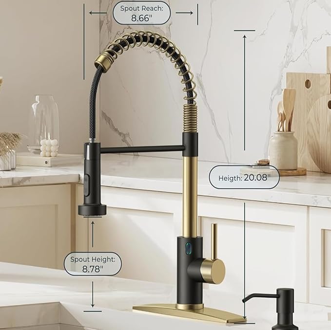 Touch-Less Kitchen Faucet, 3 Modes Pull Down Sprayer, LED Temperature Control,Sensor Activated,Ceramic Valve, 360-Degree Rotation, 1 or 3 Hole Deck Plate. 10-Year Warranty. (KW-79GR, Gold/Black)
