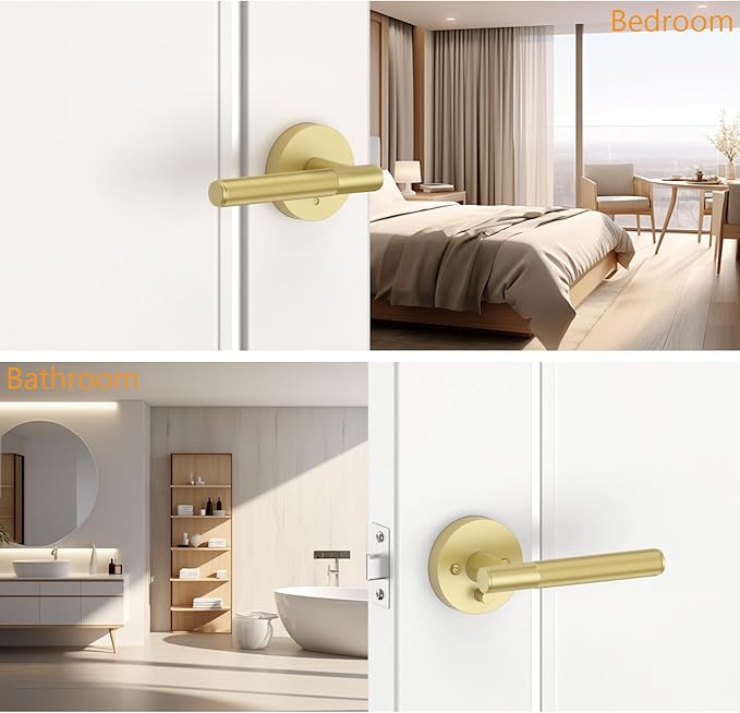 Amerdeco 5 Pack Brushed Gold Door Handles Interior, Knurled Privacy Door Handles with Lock,Heavy Duty Gold Door Lever for Bedroom or Bathroom, Reversible Keyless for Left Right Handed Doors AM0016