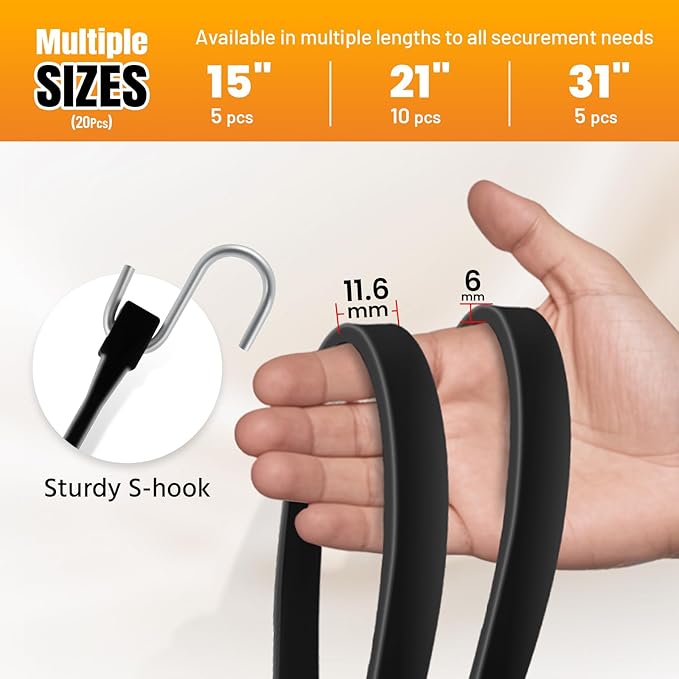 Rubber Bungee Cords with Hooks, 100% EPDM Bungee Cord with 150% Max Stretch, 15", 21", 31" (20 Pack) Heavy Duty Bungee Straps for Securing Tarps, Canvases, Cargo, Motorcycle, Weatherproof