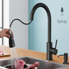 Smart Kitchen Faucet, 3 Modes Pull Down Sprayer, Ceramic Valve, 360-Degree Rotation, 1 or 3 Hole Deck Plate. 10-Year Warranty. (KW-68R, Matt Black)