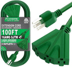 K KASONIC - 100 Ft Extension Cord with 3 Outlets, UL Listed 16/3 SJTW 3-Wire Grounded, 10A 125V 1625W for Indoor/Outdoor Use - Green