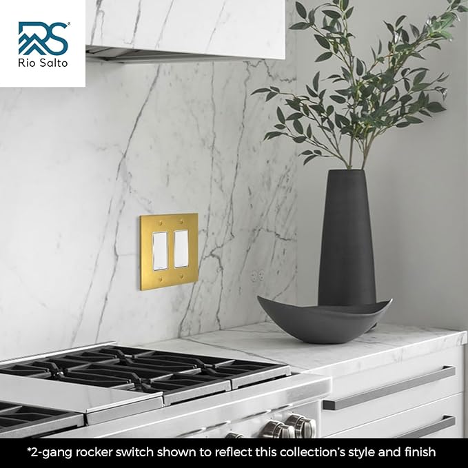 Rio Salto Modern Edge Metal Brass Gold Wall Outlet Cover or Light Switch Cover Rocker Decora Electrical Switch Covers Decorator Plug Wall Plate MIDSIZE Covers Gold (Rocker 1-Gang)