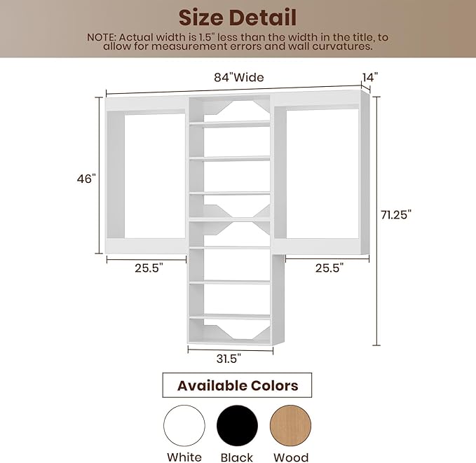 ROOMTEC Modular Closet System, 84" Wall-Mounted Closet Organizer with Hanging Rods and Shelves, Wooden Tower for Walk-In Closets, Wardrobe Storage Kit, White