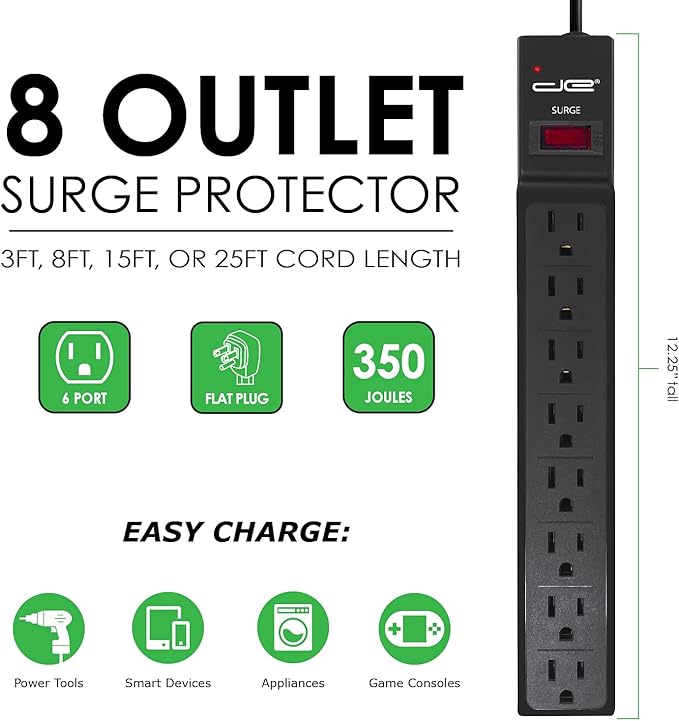 Digital Energy 8 Outlet Surge Protector Power Strip - 15 AMP, 1875 W, 125 V, 350 J Surge Protection, ETL Listed - Flat Plug, Black, 3 FT