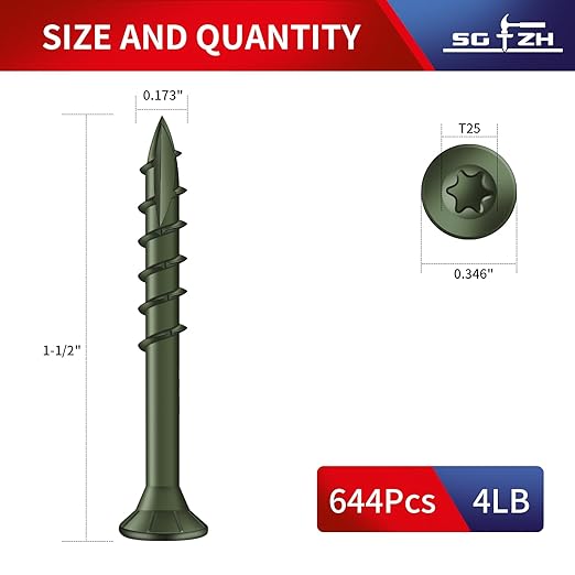 #8 x 1-1/2" Deck Screws (644Pcs) 4lb. Exterior Wood Screws. Carbon Steel, Green, Flat Head, Rust Resistant epoxy Coated, with T25 Star Bit