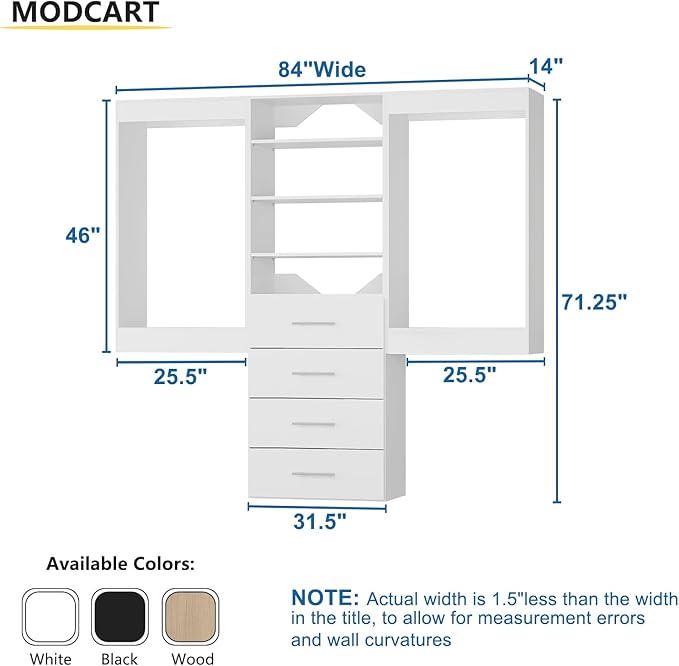 Modular Closet System, 84" Wide Closet Organizer System with Hanging and Drawers, Wood Tower Closet Storage for Walk In Closets, Wall Mounted Wardrobe Organizer Kit System, Bedroom, White