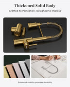 DAYONE Antique Brushed Gold Kitchen Sink Faucet with Pull Down Sprayer, 3 Modes Stainless Steel Spring Vintage Sink Faucet for Farmhouse Kitchen Bar Camper 1 or 3 Holes Single Handle