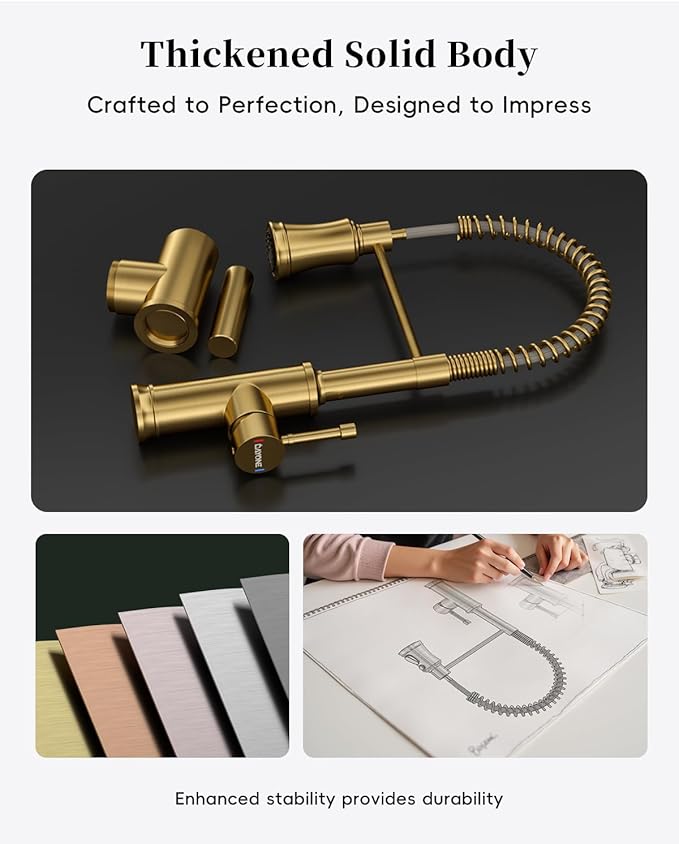 DAYONE Antique Brushed Gold Kitchen Sink Faucet with Pull Down Sprayer, 3 Modes Stainless Steel Spring Vintage Sink Faucet for Farmhouse Kitchen Bar Camper 1 or 3 Holes Single Handle