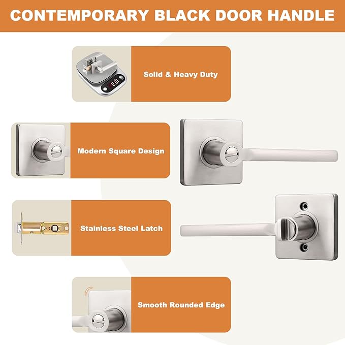 Probrico Privacy Door Handle Interior Heavy Duty Square Brushed Nickel Door Knobs for Bedroom Bathroom Reversible Keyless Door Lever Satin Nickel, 1 Pack