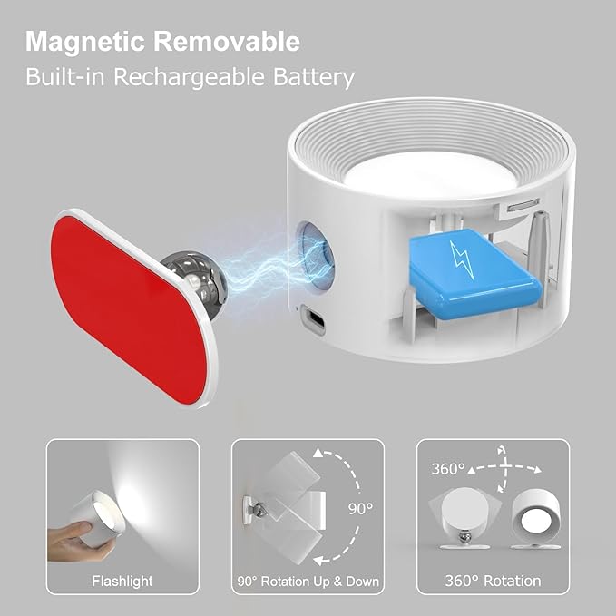 Koopala 2PACK LED Wall Lamps with Rechargeable Battery Operated, Wall Mounted Lights with 3 Brightness 3 Color Temp Removable Charging 360°Rotate Magnetic, Cordless Wall Sconces for Reading Bedside