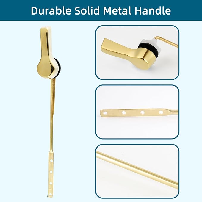 Hygie Rinse Metal Toilet Handle Lever Flush Replacement, Universal Front Mount Toilet Handle with Stainless Steel Flapper Chains, Toilet Repair Kit, Shiny Gold