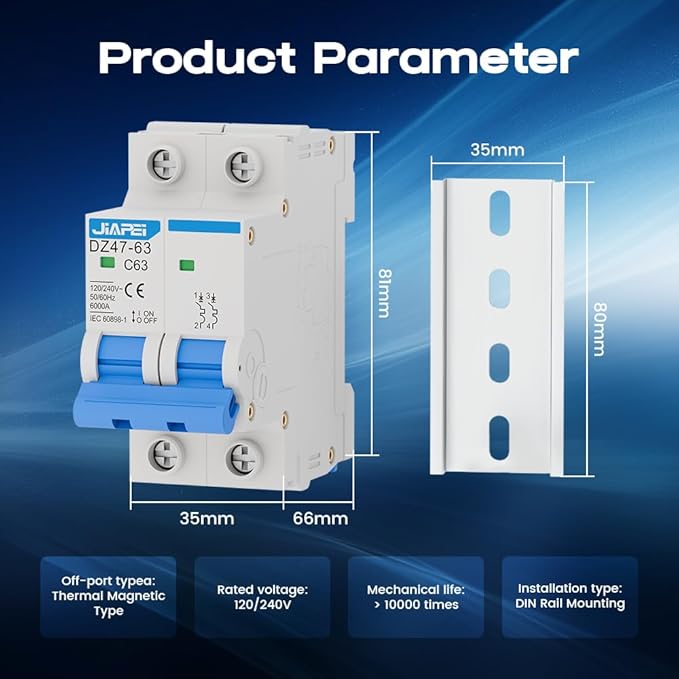 AC Miniature Circuit Breaker, 120V/240V 2 Pole 63 Amp DIN Rail Mount Circuit Breaker, MCB C63 Solar AC Disconnect Switch,Thermal Magnetic Trip