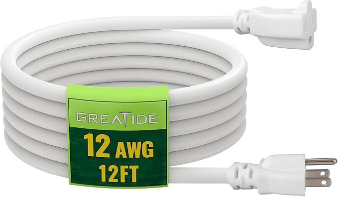 12 Ft Outdoor Extension Cord - 12/3 SJTW Heavy Duty White Extension Cable with 3 Prong Grounded Plug - Power Cord for Lawn, Garden, Appliances