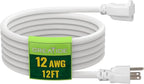 12 Ft Outdoor Extension Cord - 12/3 SJTW Heavy Duty White Extension Cable with 3 Prong Grounded Plug - Power Cord for Lawn, Garden, Appliances