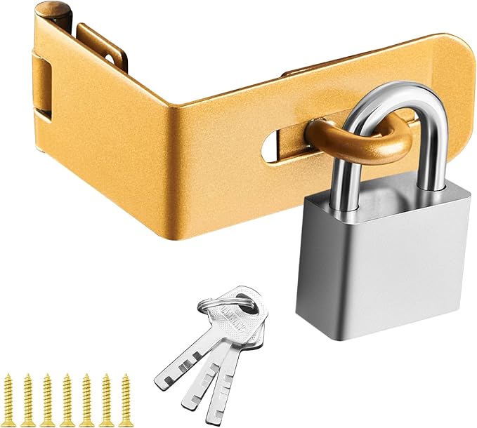 Door Lock Hasp Latch, 90 Degree Solid Iron Safety Packlock Drawer Hasp Lock Latch, Extra Thick Gate Lock Hasp with Keys Brushed Finish (2.24 Inch, Golden)