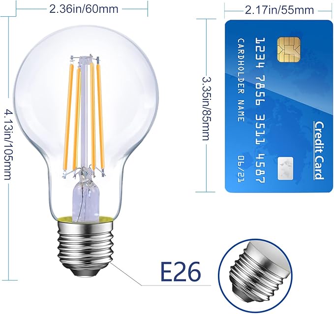 Energetic Dimmable LED Filament Light Bulbs, 8W, 60 Watt Equivalent, Soft White 2700K, Classic Clear Glass, A19 LED Light Bulb, 6 Pack