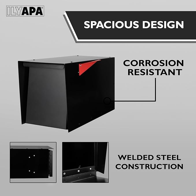 Ilyapa Large Mailbox Post Mount, Corrosion Resistant Powder Coated Black Mailbox, Modern Steel Design Mailboxes for Outside with Recessed Magnetic Close Door