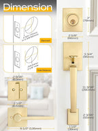 EHOMEWARE Gold Front Door Handle Set, Brass Heavy Duty Square Door Lever & Single Cylinder Deadbolt Combo Reversible for Entrance Exterior Doors 1 Set