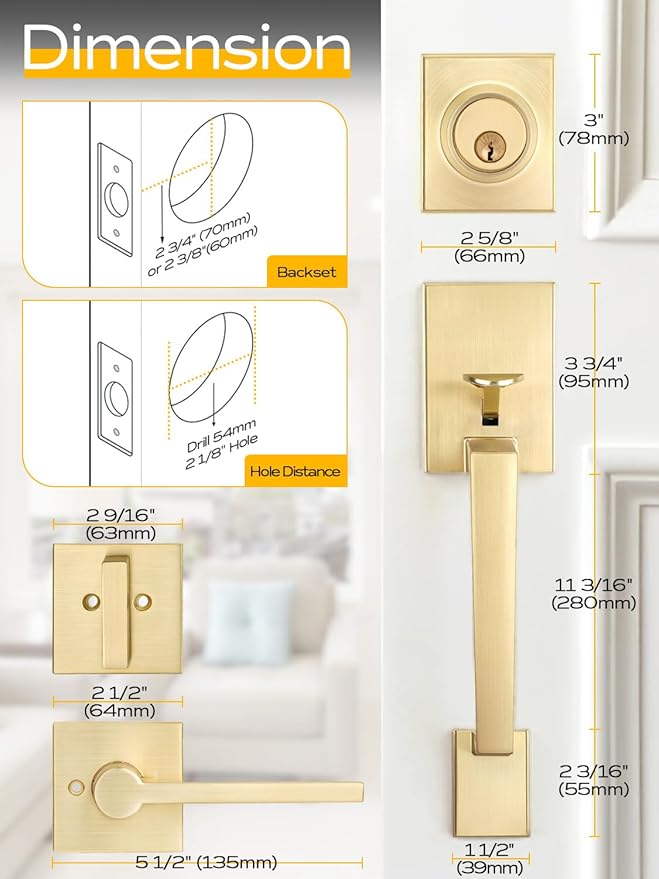 EHOMEWARE Gold Front Door Handle Set, Brass Heavy Duty Square Door Lever & Single Cylinder Deadbolt Combo Reversible for Entrance Exterior Doors 1 Set