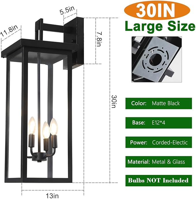 tewei 30In Large Size Square Outdoor Wall Lantern, Modern Black Outside Light for House Waterproof Porch Lights Outdoor Wall Sconce with Clear Glass Shade for Garage Porch Door, E12 Base (1 Pack)