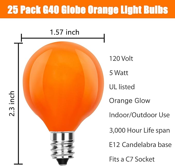 SUNSGNE G40 Orange Incandescent Replacement Light Bulbs, 25 Pack Globe Light Bulbs for E12 Outdoor String Lights, C7/E12 Candelabra Base, 5 Watt, Orange
