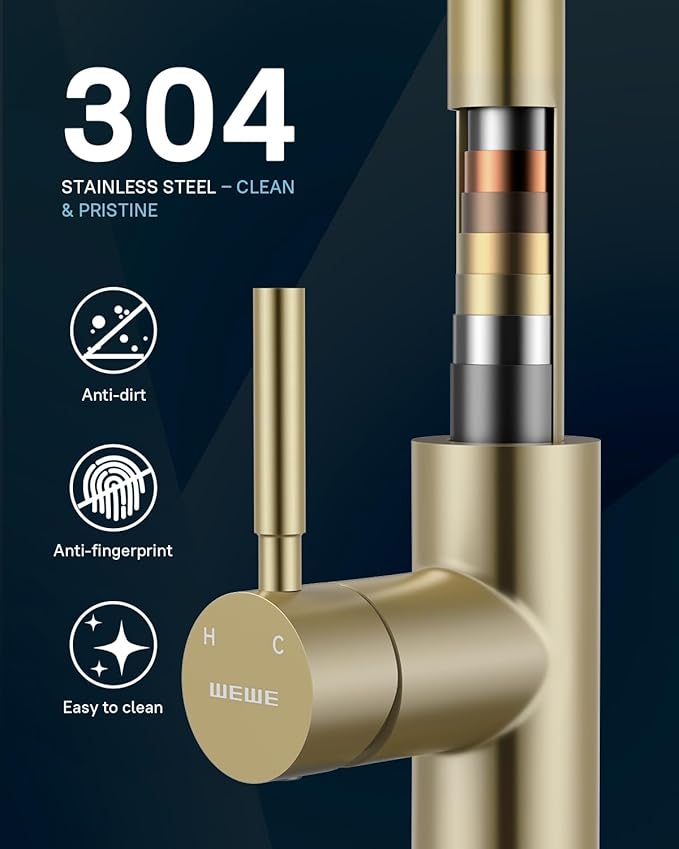 WEWE Kitchen Faucets with Pull Down Sprayer, Stainless Steel Single Handle 1 Hole for Family Kitchen Commercial Camper Laundry Rv Bar, Gold