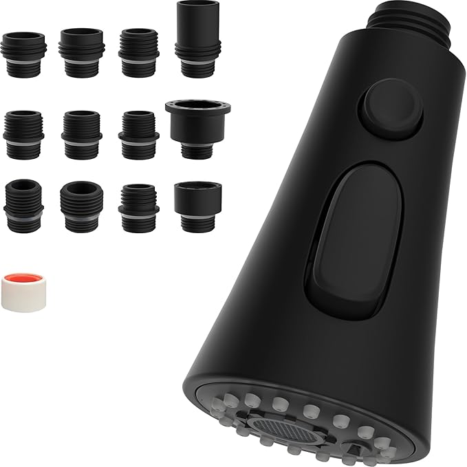 Hibbent 3-Function Pull Down Kitchen Faucet Head Replacement with 12 Adapters, NSF/ANSI/CAN 61 & CUPC Certified Sink Spray Nozzle, Compatible with Moen, Delta, Kohler Faucets, Matte black