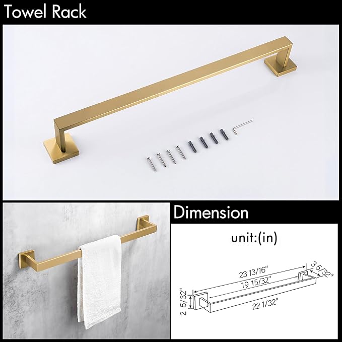 BAGNOLUX Gold Towel Bar, Bathroom Set 4 Pieces, Bath Towel Holder Set SUS304 Stainless Steel, Towel Bar Rack Set for Wall Mounted, Square Bathroom Accessories Set Fixture Heavy Duty, Brushed Brass