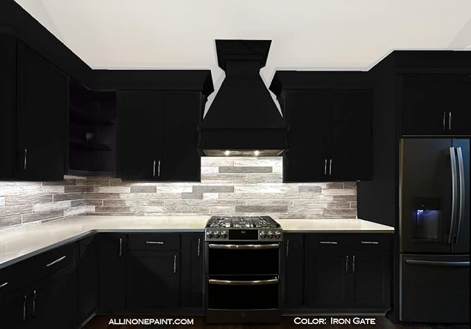 ALL-IN-ONE Paint, Durable cabinet and furniture paint. Built in primer and top coat, no sanding needed. Includes our 30 featured color card - Iron Gate (black), Quart