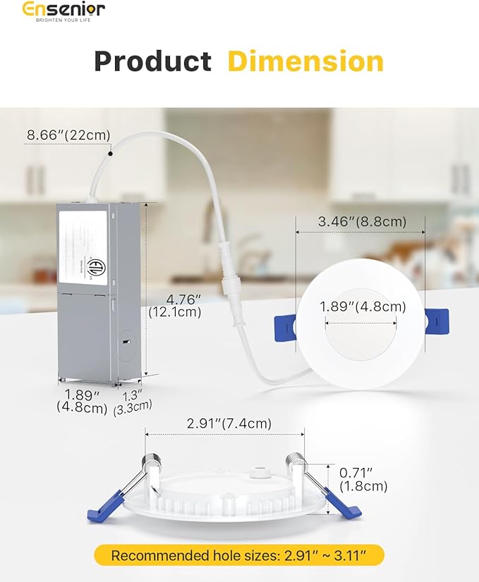 Ensenior 12 Pack 3 Inch LED Recessed Ceiling Light, Dimmable, 2700K-5000K 5CCT, 500LM 6W 120V, High Brightness Canless Wafer Downlight - ETL&FCC&IC